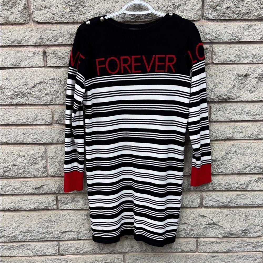 Tricotto Black and White Striped Top with Love Forever in Red